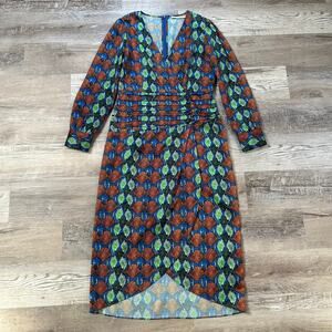 Uterqüe Midi Dress Multicolor Snake Print Long Sleeve Ruched Waist Large